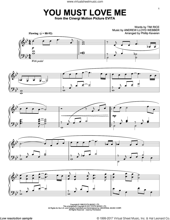 You Must Love Me (arr. Phillip Keveren) sheet music for piano solo by Andrew Lloyd Webber, Phillip Keveren, Madonna and Tim Rice, intermediate skill level