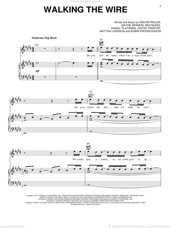 Walking The Wire sheet music for voice, piano or guitar by Imagine Dragons, Ben McKee, Dan Reynolds, Daniel Platzman, Justin Tranter, Mattias Larsson, Robin Fredriksson and Wayne Sermon, intermediate skill level