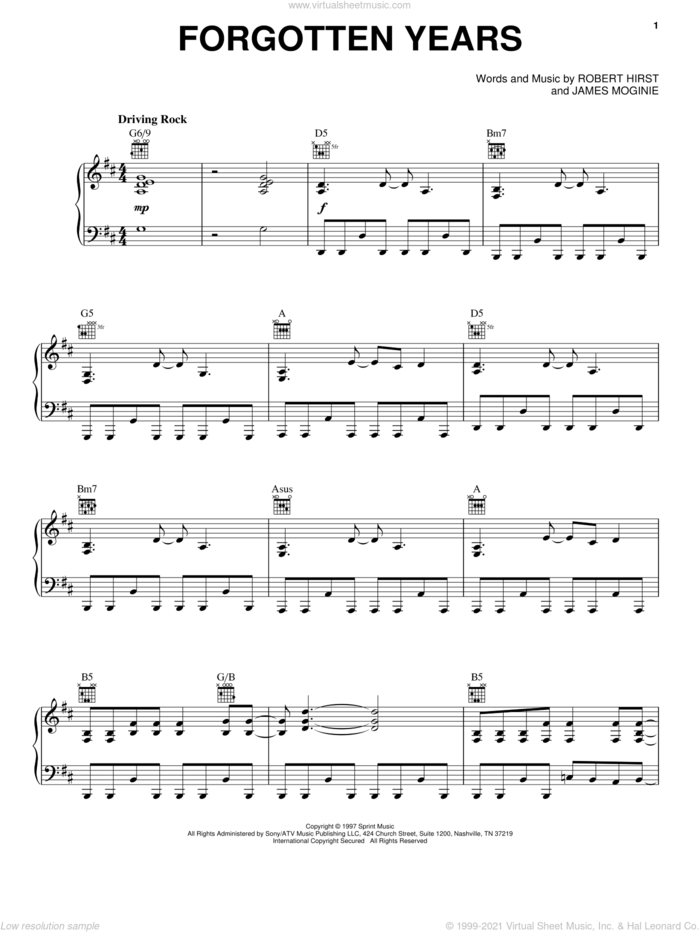 Forgotten Years sheet music for voice, piano or guitar by Midnight Oil, Jim Moginie and Robert Hirst, intermediate skill level