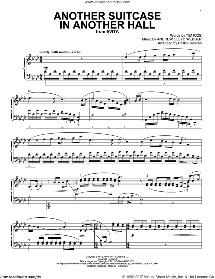 Another Suitcase In Another Hall (arr. Phillip Keveren) sheet music for piano solo by Andrew Lloyd Webber, Phillip Keveren and Tim Rice, intermediate skill level