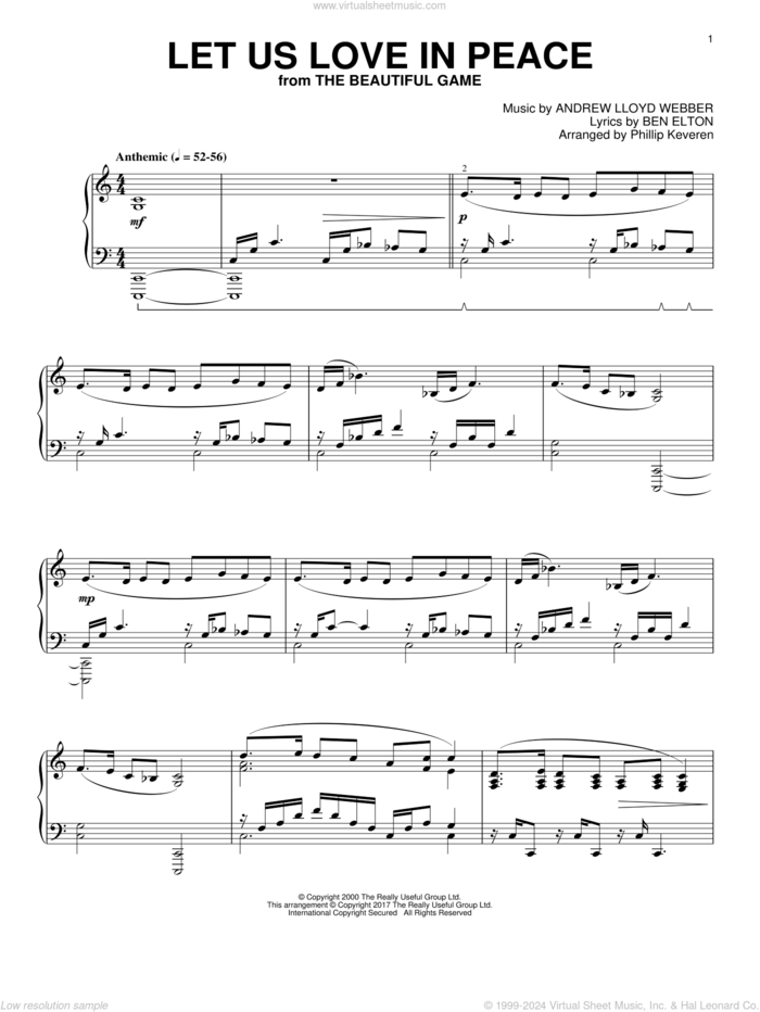 Let Us Love In Peace (arr. Phillip Keveren) sheet music for piano solo by Andrew Lloyd Webber, Phillip Keveren and Ben Elton, intermediate skill level