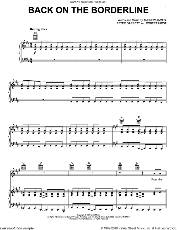Back On The Borderline sheet music for voice, piano or guitar by Midnight Oil, Andrew James, Peter Garrett and Robert Hirst, intermediate skill level