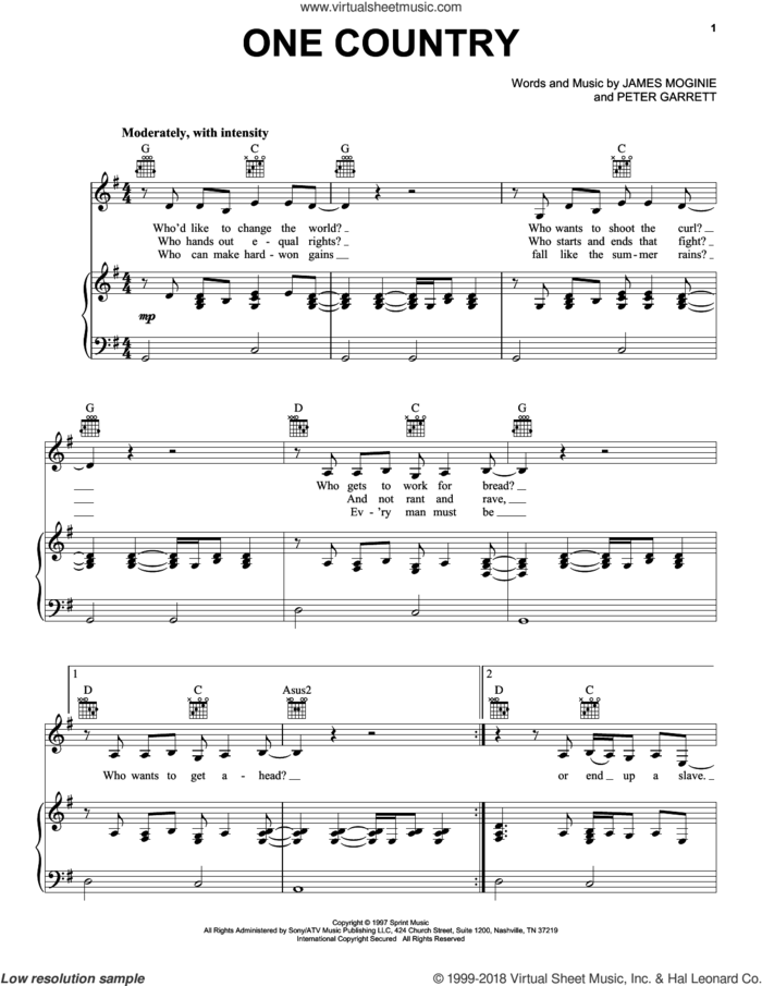 One Country sheet music for voice, piano or guitar by Midnight Oil, Jim Moginie and Peter Garrett, intermediate skill level