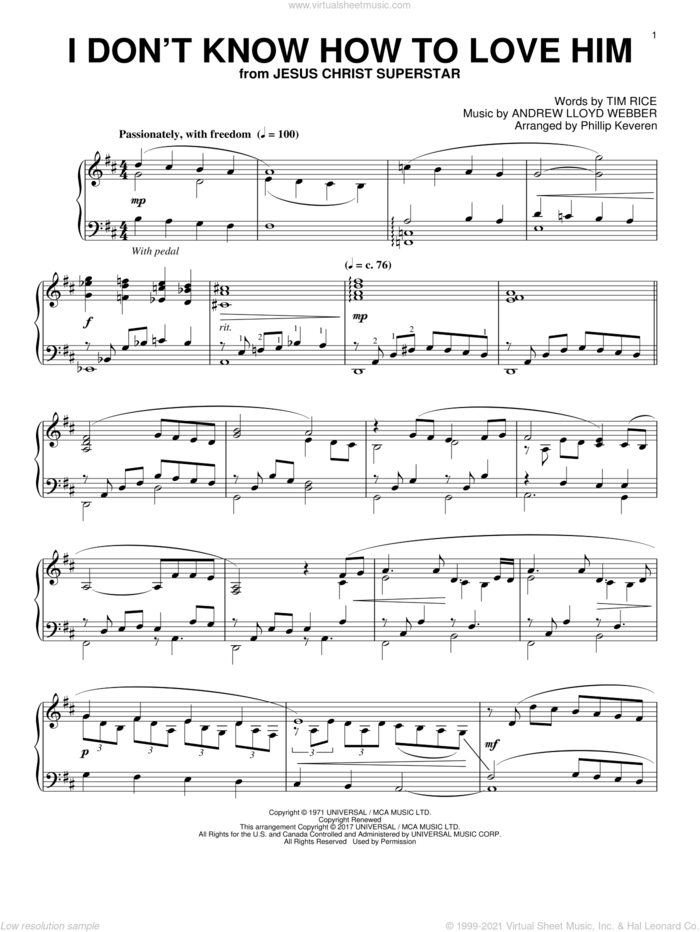 I Don't Know How To Love Him (arr. Phillip Keveren) sheet music for piano solo by Andrew Lloyd Webber, Phillip Keveren, Helen Reddy and Tim Rice, intermediate skill level