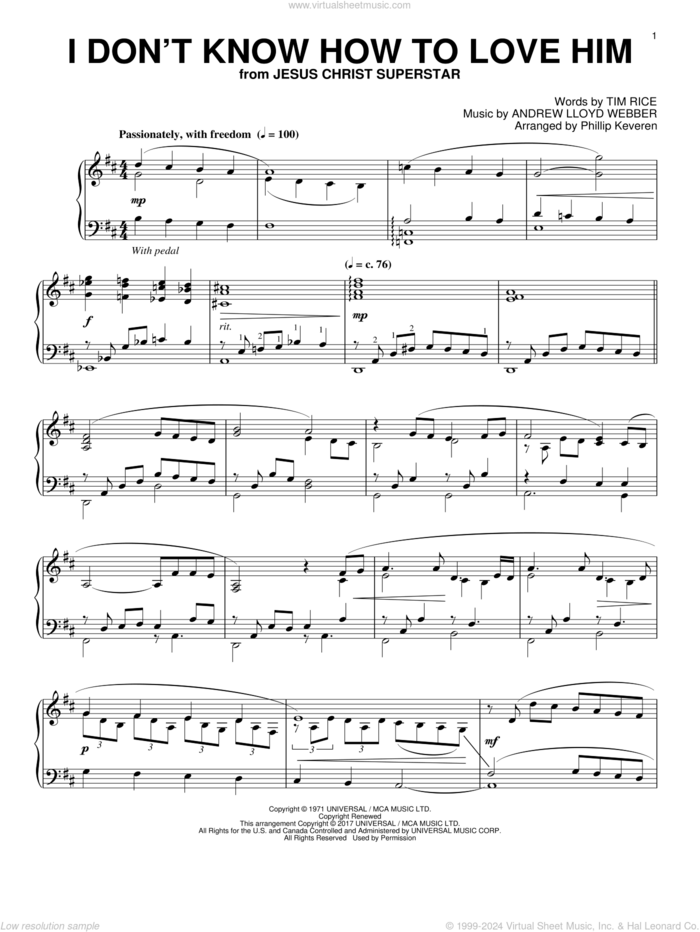 I Don't Know How To Love Him (arr. Phillip Keveren) sheet music for piano solo by Andrew Lloyd Webber, Phillip Keveren, Helen Reddy and Tim Rice, intermediate skill level