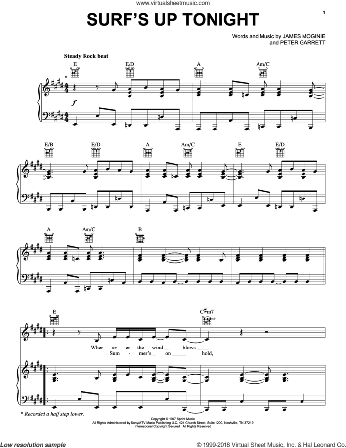Surf's Up Tonight sheet music for voice, piano or guitar by Midnight Oil, Jim Moginie and Peter Garrett, intermediate skill level