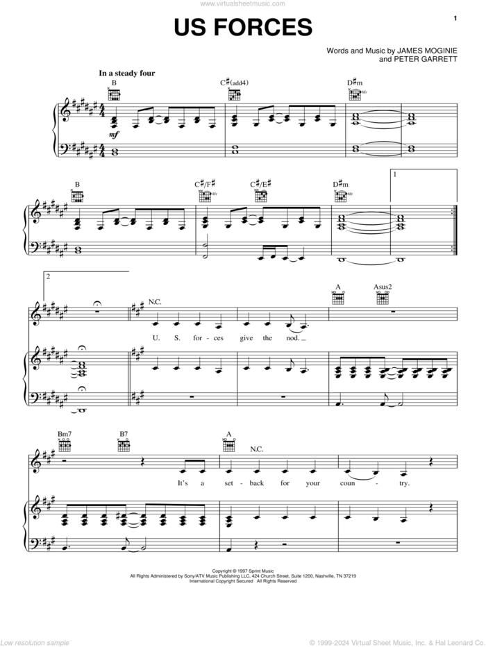 US Forces sheet music for voice, piano or guitar by Midnight Oil, Jim Moginie and Peter Garrett, intermediate skill level