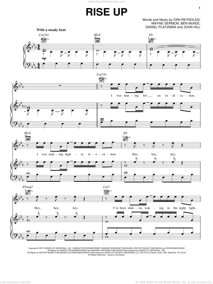 Rise Up sheet music for voice, piano or guitar by Imagine Dragons, Ben McKee, Dan Reynolds, Daniel Platzman, John Hill and Wayne Sermon, intermediate skill level