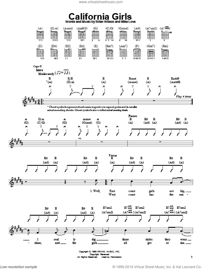 California Girls sheet music for guitar solo (chords) by The Beach Boys, David Lee Roth, Brian Wilson and Mike Love, easy guitar (chords)
