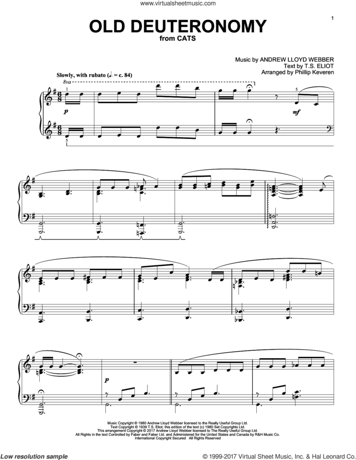 Old Deuteronomy (from Cats) (arr. Phillip Keveren) sheet music for piano solo by Andrew Lloyd Webber, Phillip Keveren and T.S. Eliot, intermediate skill level