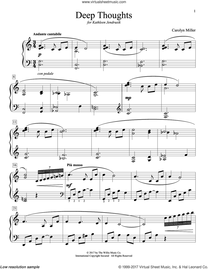 Deep Thoughts sheet music for piano solo (elementary) by Carolyn Miller, beginner piano (elementary)