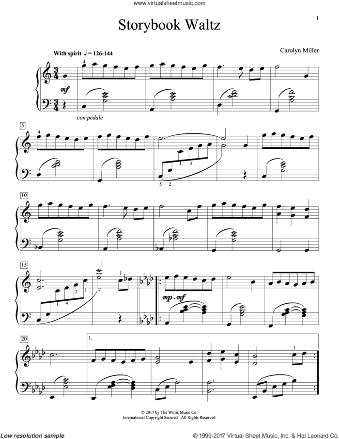 Storybook Waltz sheet music for piano solo (elementary) by Carolyn Miller, beginner piano (elementary)