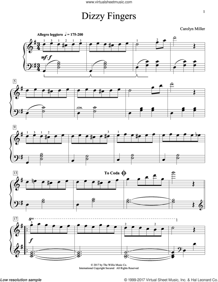 Dizzy Fingers sheet music for piano solo (elementary) by Carolyn Miller, beginner piano (elementary)