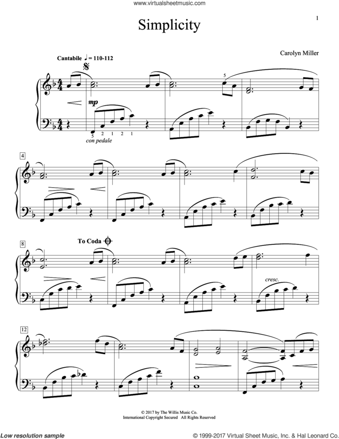 Simplicity sheet music for piano solo (elementary) by Carolyn Miller, beginner piano (elementary)
