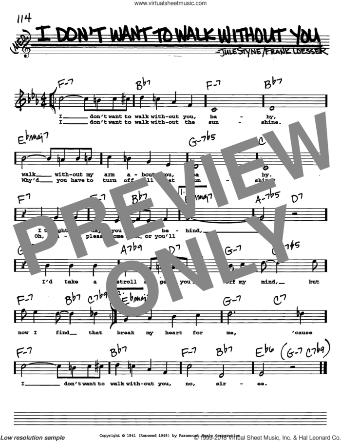 I Don't Want To Walk Without You sheet music for voice and other instruments  by Frank Loesser and Jule Styne, intermediate skill level