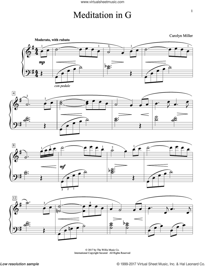 Meditation In G sheet music for piano solo (elementary) by Carolyn Miller, beginner piano (elementary)