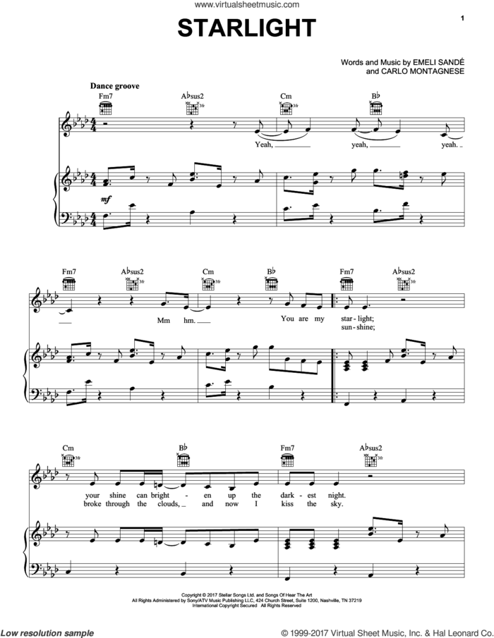 Starlight sheet music for voice, piano or guitar by Emeli Sande and Carlo Montagnese, intermediate skill level