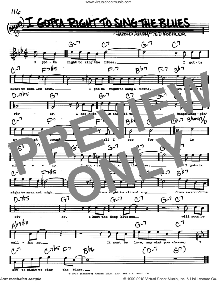 I Gotta Right To Sing The Blues sheet music for voice and other instruments  by Harold Arlen and Ted Koehler, intermediate skill level