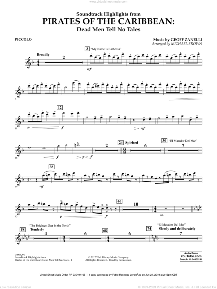 Pirates of the Caribbean: Dead Men Tell No Tales sheet music for concert band (piccolo) by Michael Brown, classical score, intermediate skill level