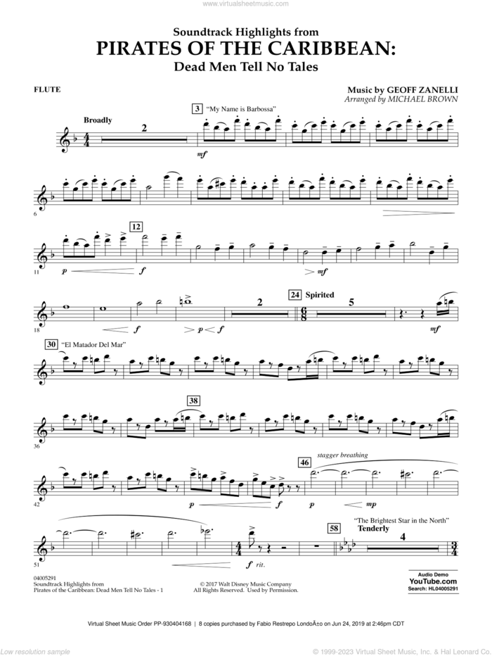 Pirates of the Caribbean: Dead Men Tell No Tales sheet music for concert band (flute) by Michael Brown, classical score, intermediate skill level