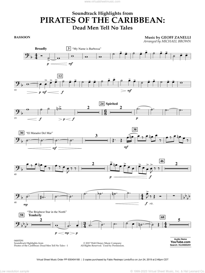 Pirates of the Caribbean: Dead Men Tell No Tales sheet music for concert band (bassoon) by Michael Brown, classical score, intermediate skill level