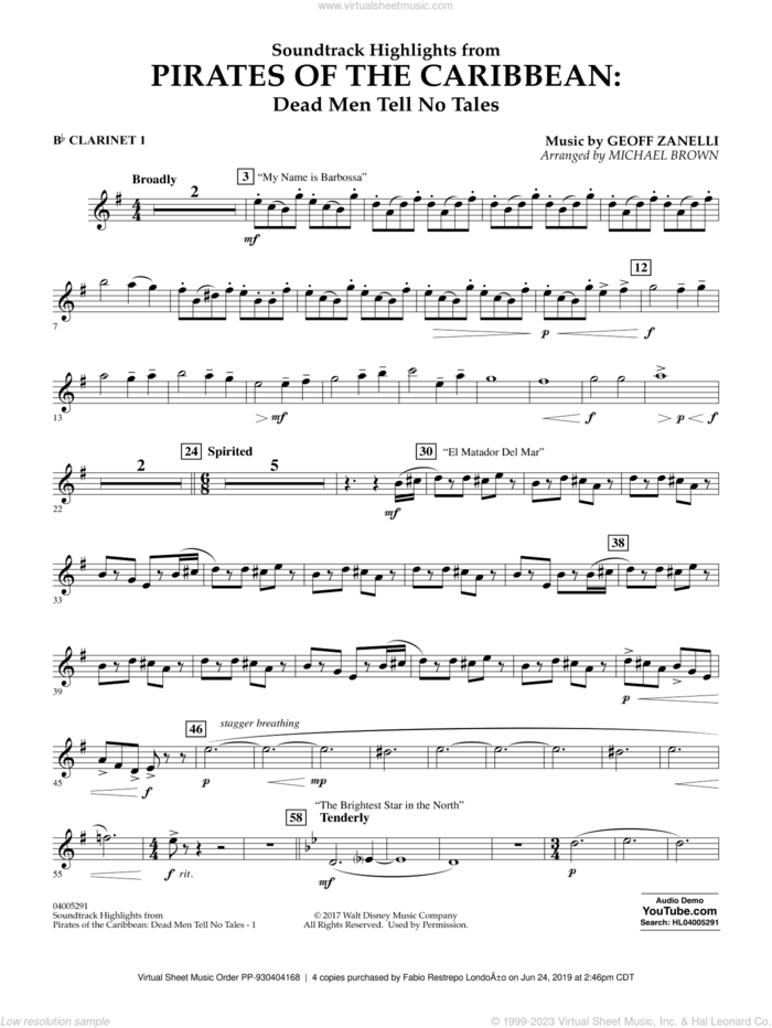 Pirates of the Caribbean: Dead Men Tell No Tales sheet music for concert band (Bb clarinet 1) by Michael Brown, classical score, intermediate skill level