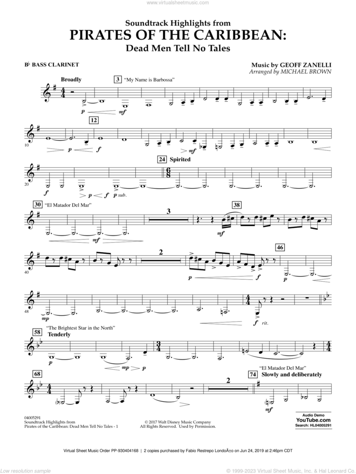 Pirates of the Caribbean: Dead Men Tell No Tales sheet music for concert band (Bb bass clarinet) by Michael Brown, classical score, intermediate skill level