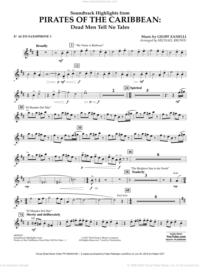 Pirates of the Caribbean: Dead Men Tell No Tales sheet music for concert band (Eb alto saxophone 1) by Michael Brown, classical score, intermediate skill level