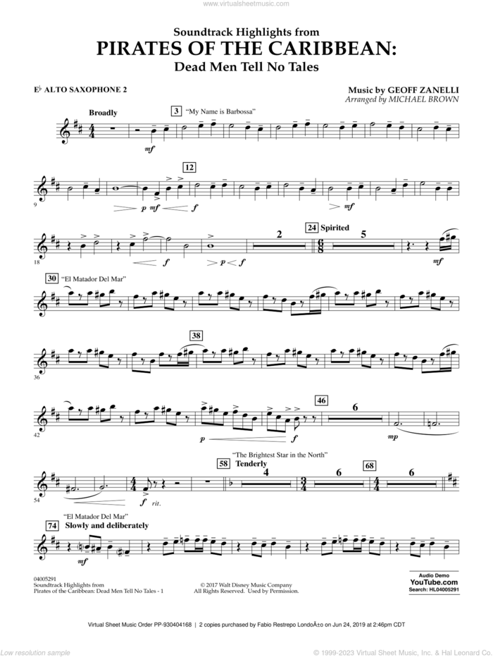 Pirates of the Caribbean: Dead Men Tell No Tales sheet music for concert band (Eb alto saxophone 2) by Michael Brown, classical score, intermediate skill level