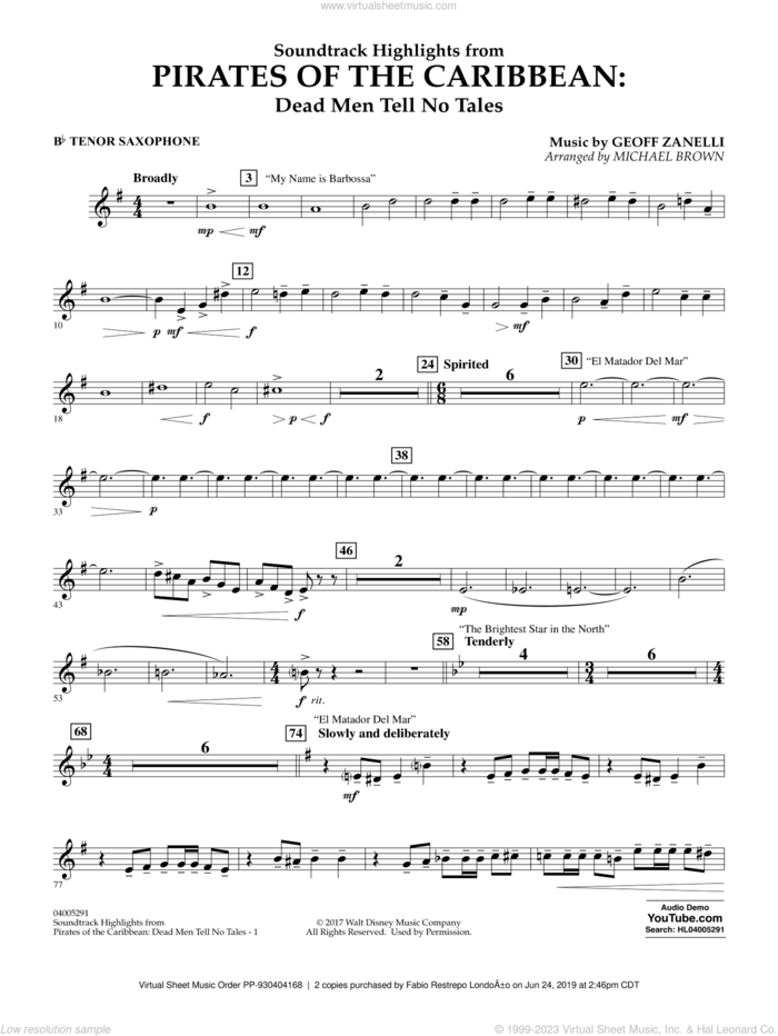Pirates of the Caribbean: Dead Men Tell No Tales sheet music for concert band (Bb tenor saxophone) by Michael Brown, classical score, intermediate skill level