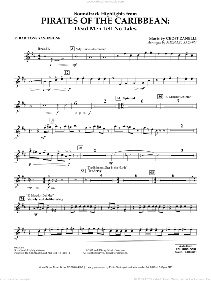 Pirates of the Caribbean: Dead Men Tell No Tales sheet music for concert band (Eb baritone saxophone) by Michael Brown, classical score, intermediate skill level