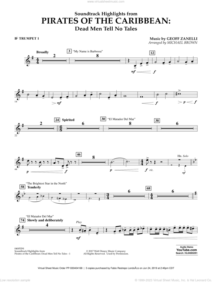 Pirates of the Caribbean: Dead Men Tell No Tales sheet music for concert band (Bb trumpet 1) by Michael Brown, classical score, intermediate skill level