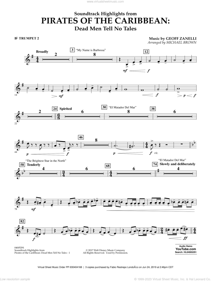 Pirates of the Caribbean: Dead Men Tell No Tales sheet music for concert band (Bb trumpet 2) by Michael Brown, classical score, intermediate skill level