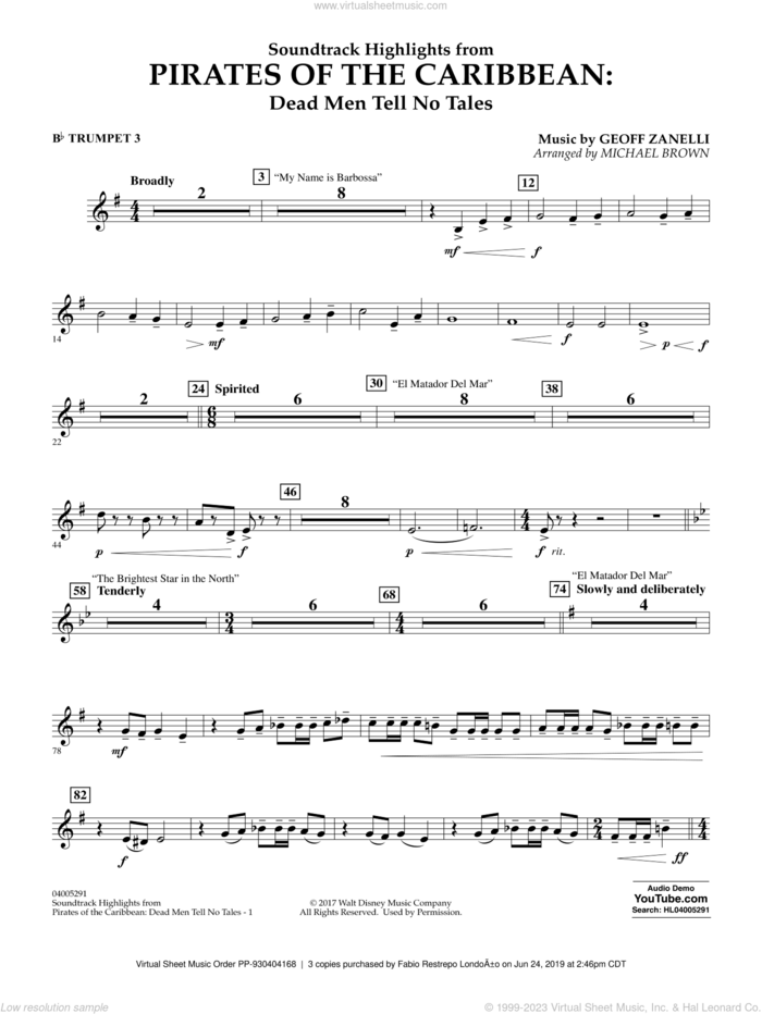 Pirates of the Caribbean: Dead Men Tell No Tales sheet music for concert band (Bb trumpet 3) by Michael Brown, classical score, intermediate skill level