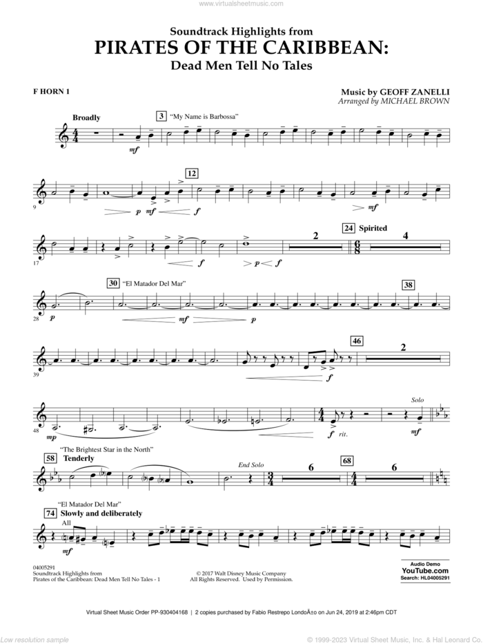 Pirates of the Caribbean: Dead Men Tell No Tales sheet music for concert band (f horn 1) by Michael Brown, classical score, intermediate skill level