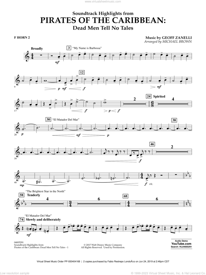 Pirates of the Caribbean: Dead Men Tell No Tales sheet music for concert band (f horn 2) by Michael Brown, classical score, intermediate skill level