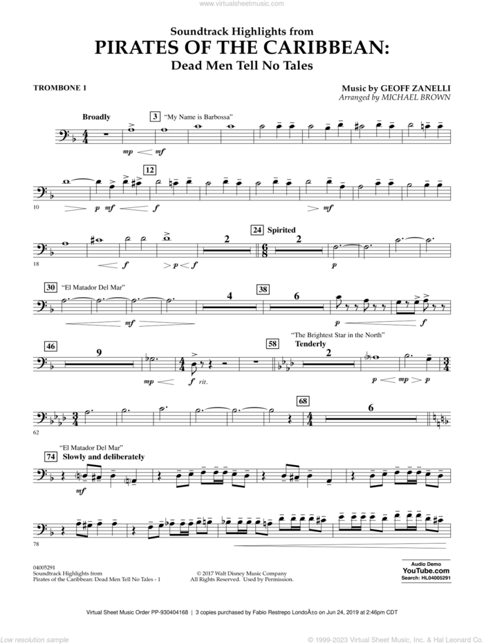 Pirates of the Caribbean: Dead Men Tell No Tales sheet music for concert band (trombone 1) by Michael Brown, classical score, intermediate skill level