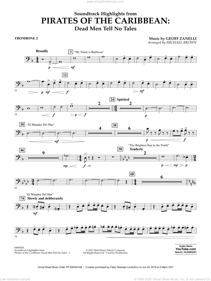 Pirates of the Caribbean: Dead Men Tell No Tales sheet music for concert band (trombone 2) by Michael Brown, classical score, intermediate skill level