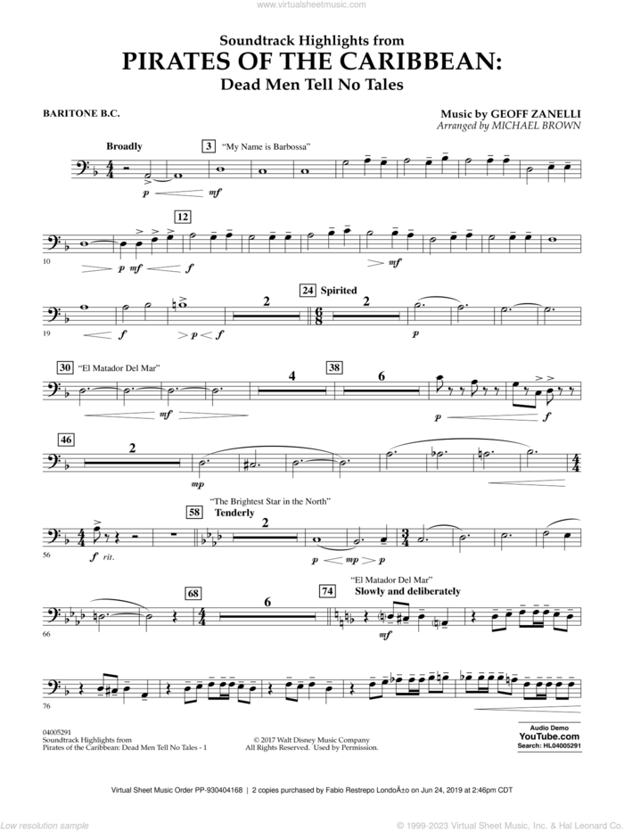 Pirates of the Caribbean: Dead Men Tell No Tales sheet music for concert band (baritone b.c.) by Michael Brown, classical score, intermediate skill level