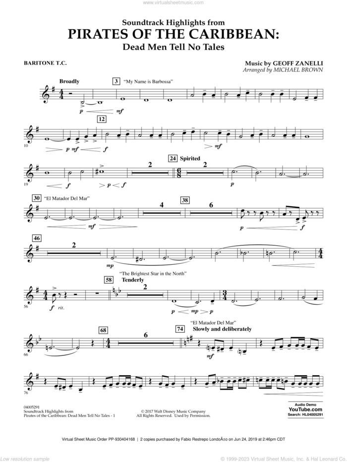 Pirates of the Caribbean: Dead Men Tell No Tales sheet music for concert band (baritone t.c.) by Michael Brown, classical score, intermediate skill level