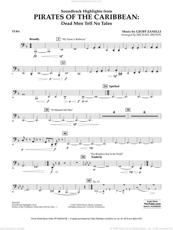 Pirates of the Caribbean: Dead Men Tell No Tales sheet music for concert band (tuba) by Michael Brown, classical score, intermediate skill level