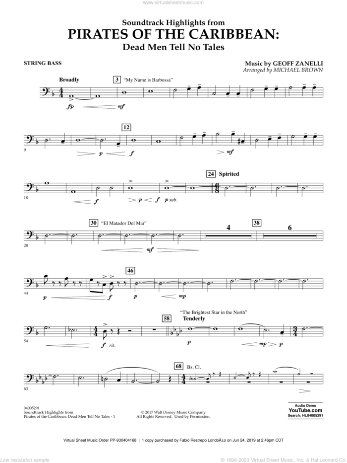 Pirates of the Caribbean: Dead Men Tell No Tales sheet music for concert band (string bass) by Michael Brown, classical score, intermediate skill level