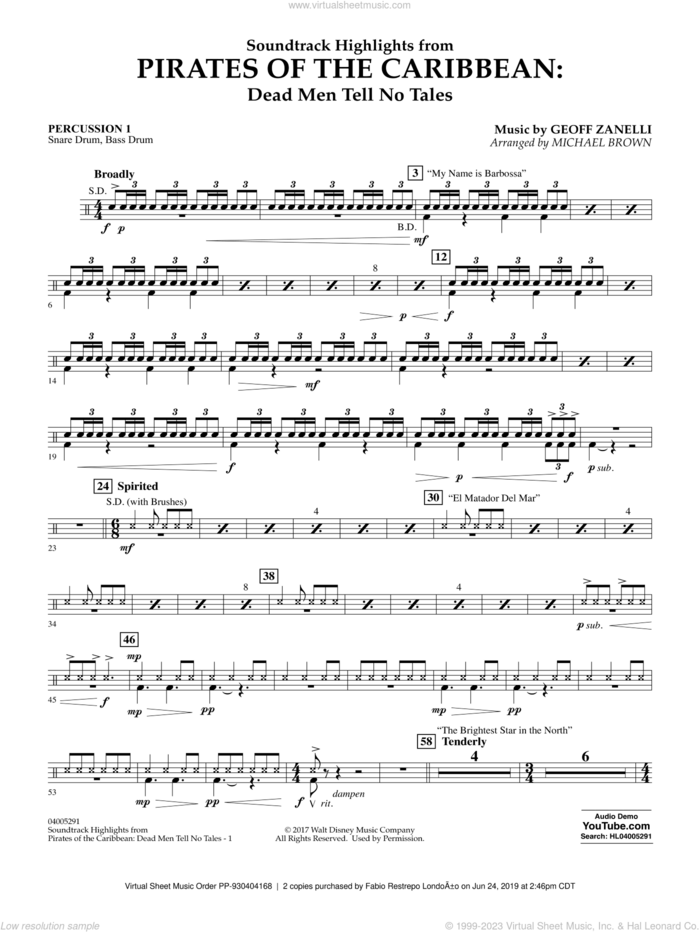 Pirates of the Caribbean: Dead Men Tell No Tales sheet music for concert band (percussion 1) by Michael Brown, classical score, intermediate skill level