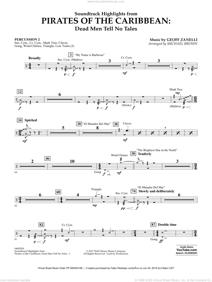 Pirates of the Caribbean: Dead Men Tell No Tales sheet music for concert band (percussion 2) by Michael Brown, classical score, intermediate skill level