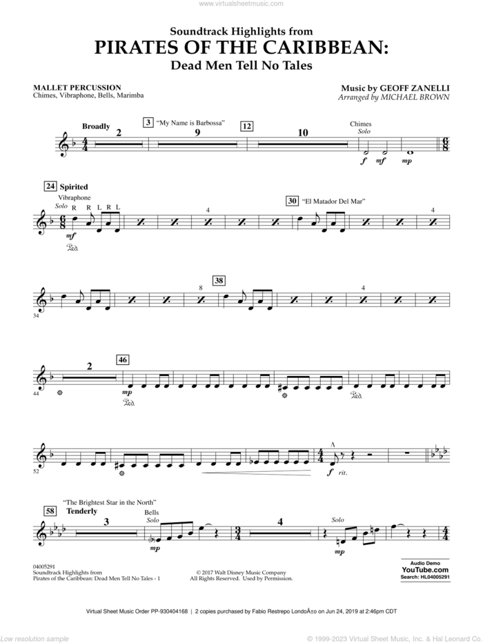 Pirates of the Caribbean: Dead Men Tell No Tales sheet music for concert band (mallet percussion) by Michael Brown, classical score, intermediate skill level