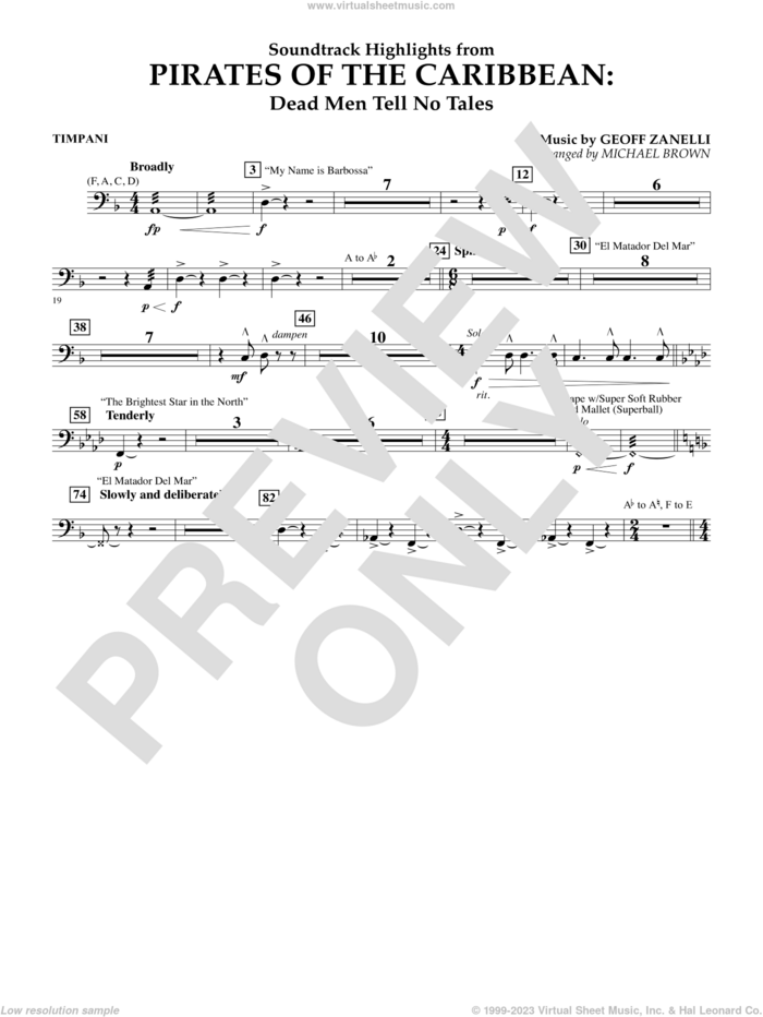 Pirates of the Caribbean: Dead Men Tell No Tales sheet music for concert band (timpani) by Michael Brown, classical score, intermediate skill level