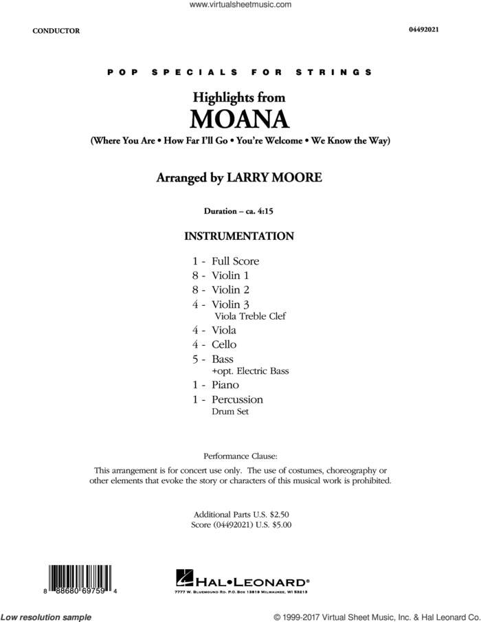 Highlights from Moana (COMPLETE) sheet music for orchestra by Lin-Manuel Miranda and Larry Moore, intermediate skill level