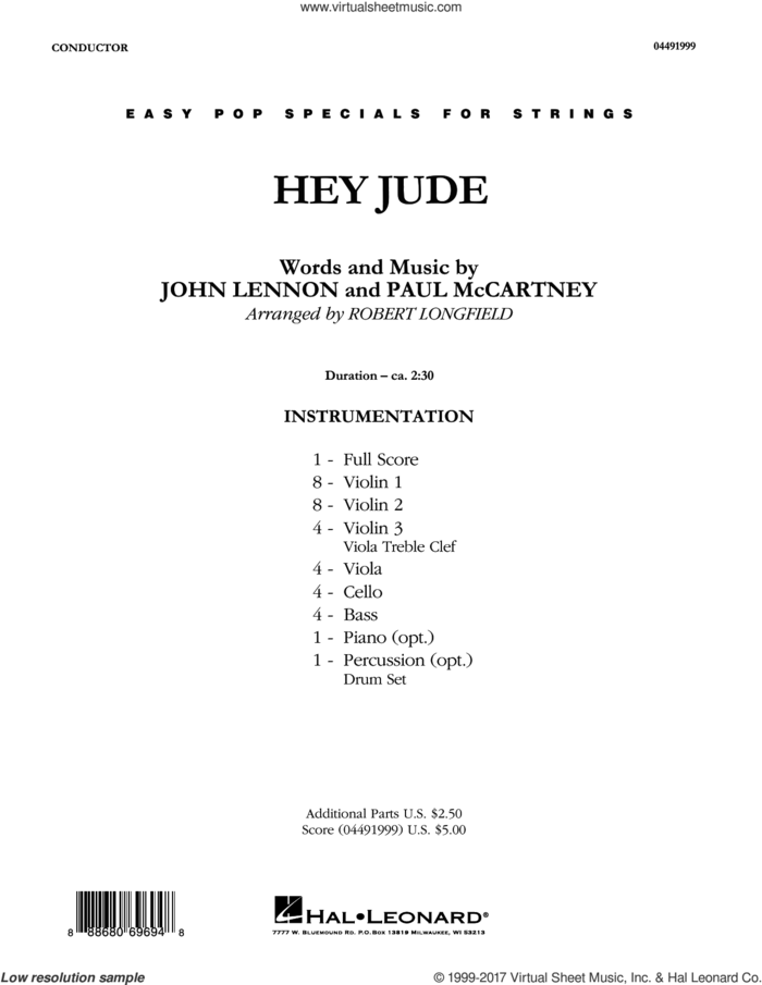 Hey Jude (COMPLETE) sheet music for orchestra by The Beatles, John Lennon, Paul McCartney and Robert Longfield, intermediate skill level