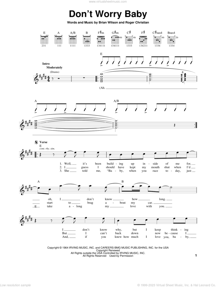 Don't Worry Baby sheet music for guitar solo (chords) by The Beach Boys, Lorrie Morgan, Brian Wilson and Roger Christian, easy guitar (chords)