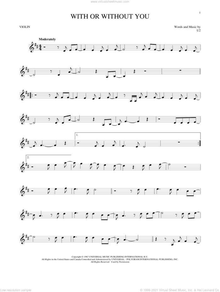 With Or Without You sheet music for violin solo by U2, intermediate skill level